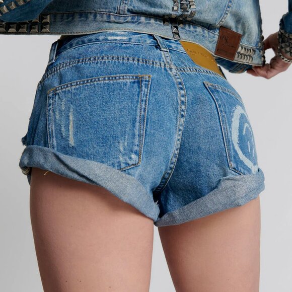 One Teaspoon Bandits Low Waist Cheeky Denim Shorts Pacifica Blue Smile Size 23 - Picture 12 of 12